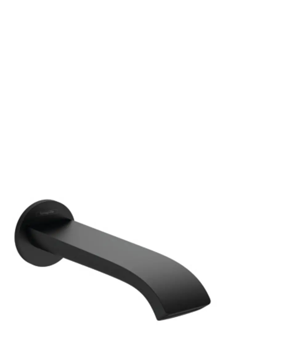 Schwarzer Wanneneinlauf von Hansgrohe, mit flachem, geradem Auslauf und runder Wandbefestigung. Minimalistisches Design für moderne Badezimmer.